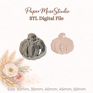 May include: A gray pumpkin-shaped cookie cutter and a light pink embossed pumpkin shape. The text reads Paper Muse Studio STL Digital File. The sizes listed are 30mm, 35mm, 40mm, 45mm, and 50mm. The design features a detailed pumpkin with a stem.