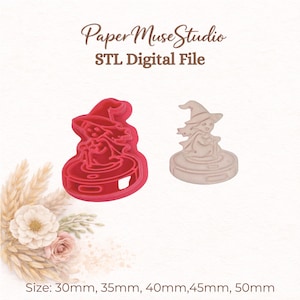May include: A red cookie cutter and a light-colored molded shape of a witch wearing a hat, labeled Paper Muse Studio STL Digital File. The available sizes are 30mm, 35mm, 40mm, 45mm, and 50mm. The design features a witch figure on a circular base.