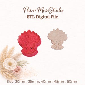 May include: A red wheat sheaf cookie cutter and a beige embossed wheat sheaf shape. The text reads Paper Muse Studio STL Digital File. The sizes listed are 30mm, 35mm, 40mm, 45mm, 50mm. The design features a bundle of wheat tied with a bow.