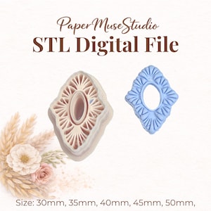 May include: An image featuring two decorative diamond-shaped objects. One is beige, the other is light blue. The text "Paper Muse Studio STL Digital File" is at the top. The sizes are listed as 30mm, 35mm, 40mm, 45mm, and 50mm.