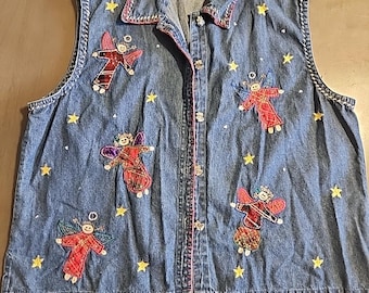 Vtg Angel Vest Embroidered Grandma Library Teacher New Direction Woman 2X Denim