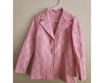 Vtg MCM Pink Eyelet Lace Blazer ILGWU Made USA Boho Cottagecore Mod Polyester