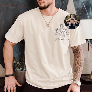 Custom Outline Art Embroidered T-Shirt, Personalized Father Child Portrait Tee