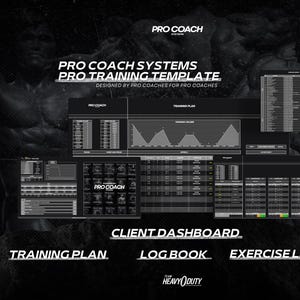 Peut inclure: Modèle numérique noir et blanc pour le coaching sportif, avec le texte "PRO COACH SYSTEMS PRO TRAINING TEMPLATE". Le design comprend des sections pour les plans d'entraînement, les tableaux de bord clients, les carnets de suivi et les bibliothèques d'exercices.