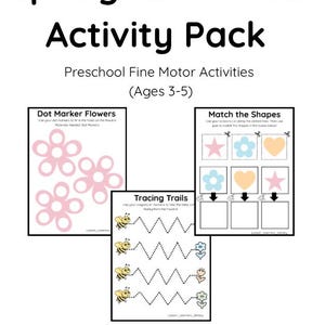 Peut inclure: Un pack d'activités de motricité fine de printemps imprimable pour les enfants d'âge préscolaire (3-5 ans). Le pack comprend des activités de fleurs au marqueur à points, d'association de formes et de traçage. Le texte dit "PDF imprimable ! Sans préparation ! Téléchargement instantané !"