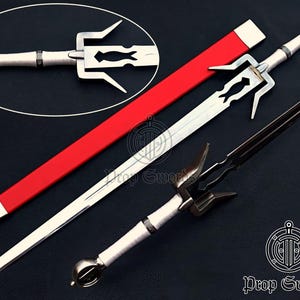 May include: A collection of swords with silver blades and handles. One sword has a red sheath. The swords have unique guard designs. The image includes a close-up of a sword's handle and the text "Prop Swords".