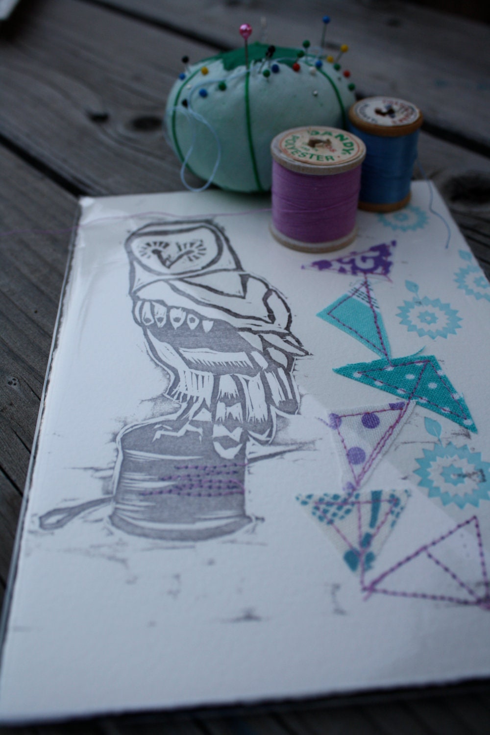 Owl Letterpress Stitch print - 5x7