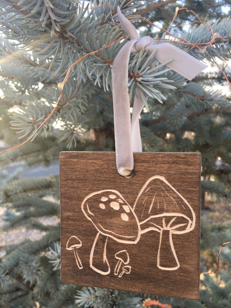 Magdalene and Mollie mushroom woodblock ornament