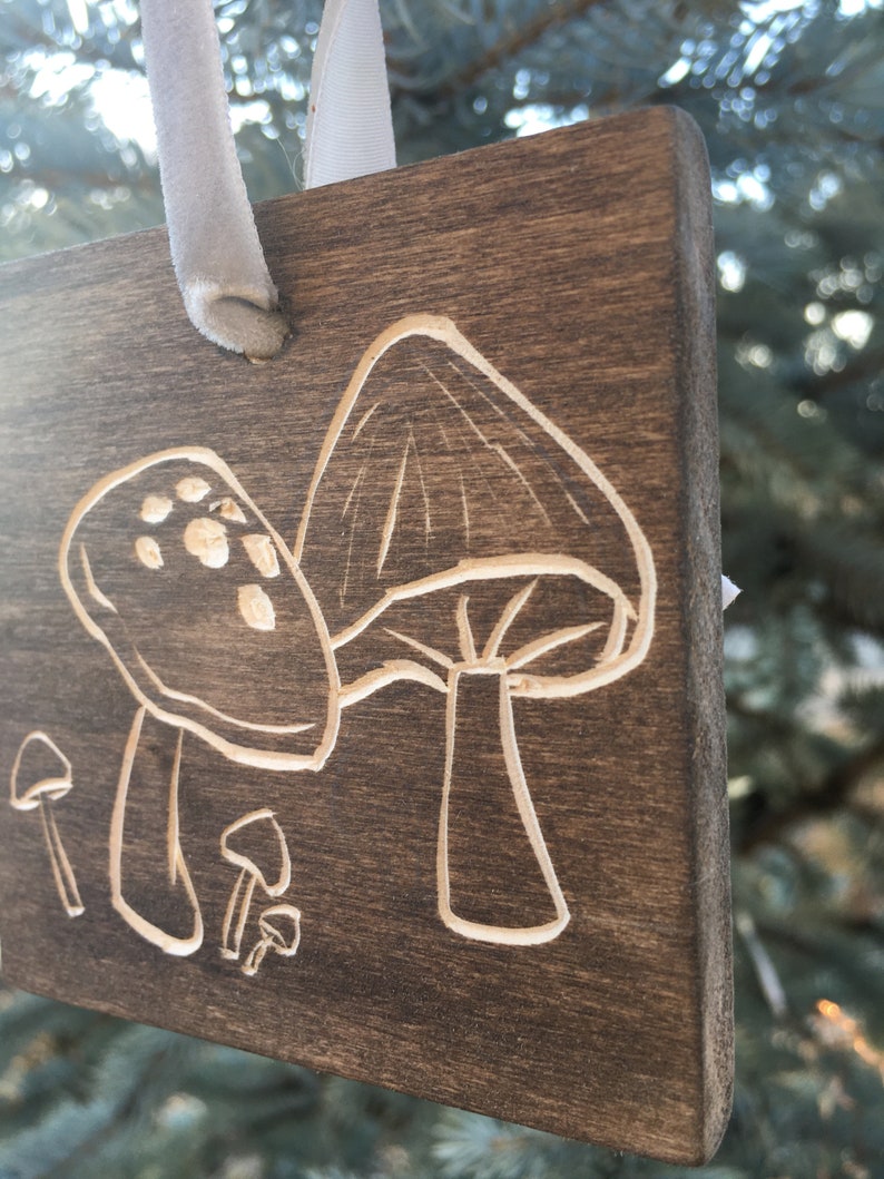 Magdalene and Mollie mushroom woodblock ornament