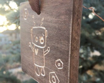 Rowan the Robot woodblock ornament