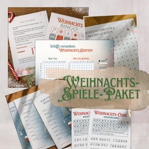 Peut inclure: Un ensemble de feuilles de jeux sur le thème de Noël, comprenant un bingo, une recherche de mots et un jeu de bataille navale. Les jeux sont imprimés sur du papier blanc avec des graphiques et du texte festifs. Une bannière indique "WEIHNACHTS-SPIELE-PAKET".