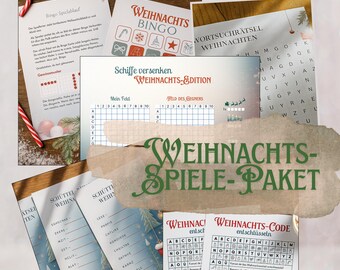 May include: A collection of Christmas-themed game sheets, including bingo, word search, and a battleship game. The games are printed on white paper with festive graphics and text. A banner across the image reads "WEIHNACHTS-SPIELE-PAKET".