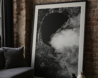 Train tunnel, fog, black and white photography, photographic art, digital print, photography, wall decoration, photo design, fog, black and white
