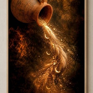 May include: A framed wall art print featuring a tilted brown clay pitcher pouring out a stream of golden wheat stalks, glowing crescent moons, and sparkling stars against a dark, textured, deep brown and black background with a light wood frame.