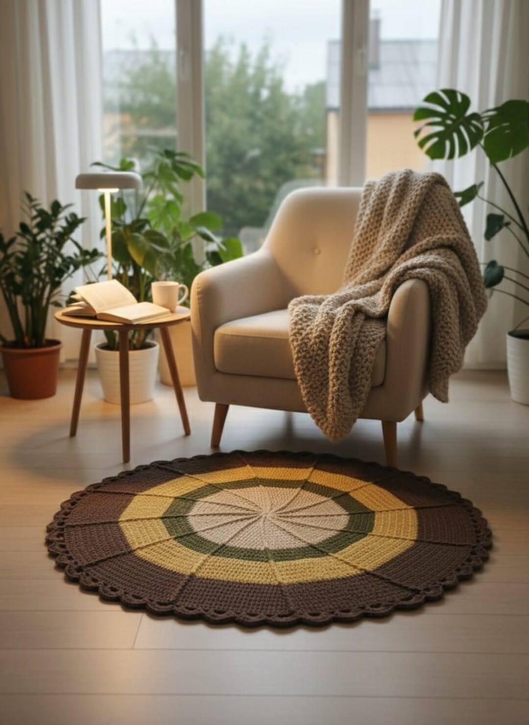 Chunky Boho Rug Round Crochet Rug | Boho Farmhouse Floor Mat | Handmade Knitted Area ...