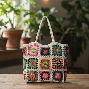May include: A colorful crochet tote bag with a white handle. The bag is made of various squares in shades of pink, green, yellow, and blue. The bag is sitting on a wooden surface.