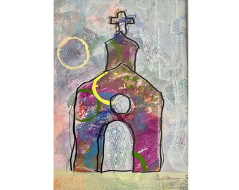 Acrylic church painting - Original Art on paper - Acrylic painting 8x10 matted