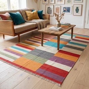 Alfombra geométrica tejida a mano de tejido plano - Tamaño (298 x 201 cm) 9,9 x 6,7 pies - Alfombra de lana con vibrantes rayas abstractas multicolores