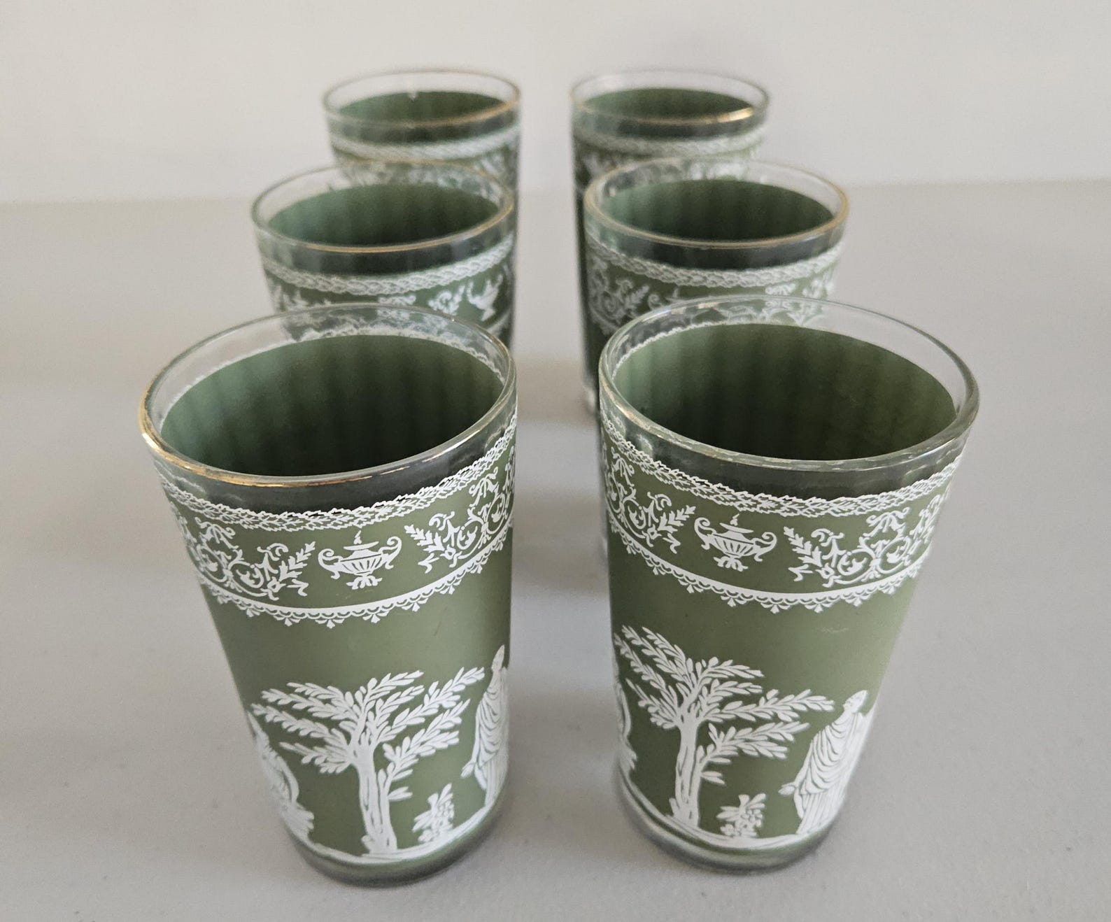 Vintage Wedgewood Jeanette Hellenic Green Jasperware 5" tall Tumblers set of 6