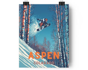 Aspen Colorado Snowboard Poster | Ski Resort Winter Travel Print