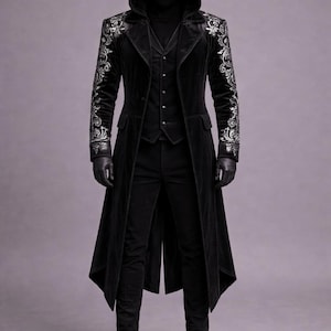 Black Velvet Hooded Trench Coat with Silver Embroidery | Gothic Medieval Renaissance Fantasy Custom Tailored Jacket
