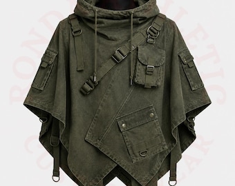 Techwear Poncho Jacket, Tactical Hooded Cape, Olive Green Cyberpunk Streetwear Coat, Utility Strap Cargo Pocket Outerwear