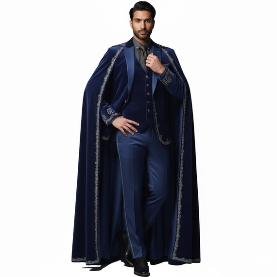 Tuxedo Royle Blue Velvet Men’s Suit with Cape – Embroidered Gothic Wedding Tuxedo, Royal 3 Piece Groom Wear, Victorian Prom Outfit