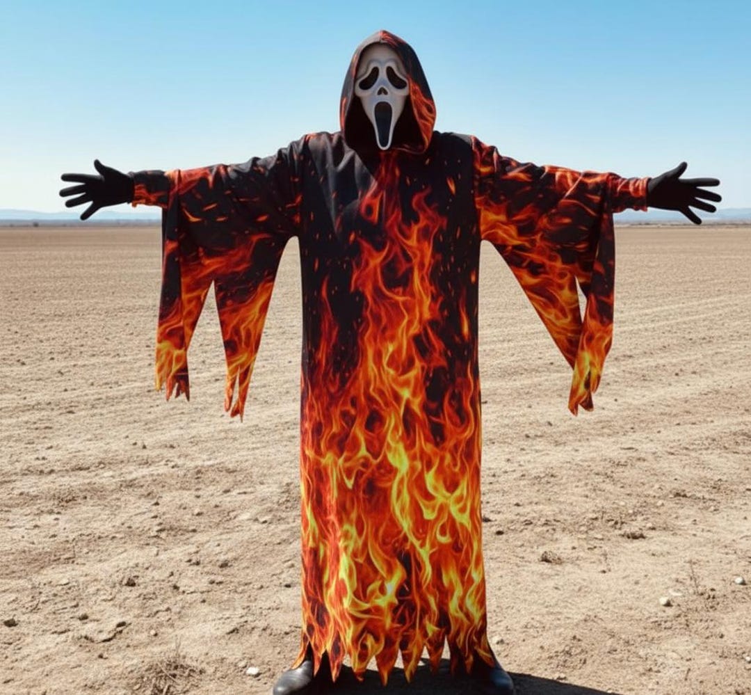 Flame Ghost Face Costume Robe, Horror Fire Grim Reaper Cloak, Scary ...