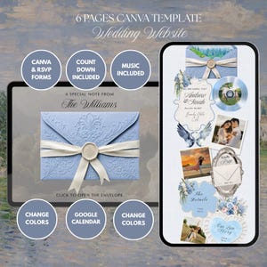 May include: A 6-page Canva wedding website template featuring a light blue embossed envelope with a white ribbon and wax seal. The digital display shows wedding details, photos, RSVP forms, countdown, and music integration options for users.