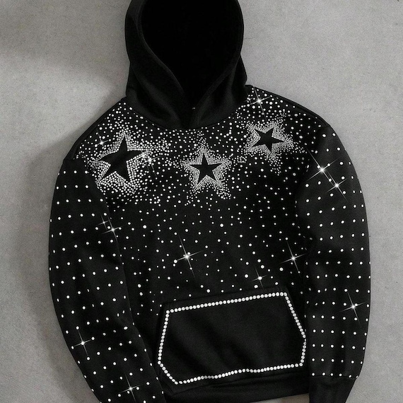 Rhinestone Star Hoodie | Black Studded Pullover, Rave Club Wear - Etsy