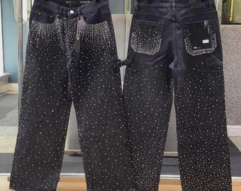 Y2K Rhinestone Wide Leg Jeans | Baggy Hip Hop Denim