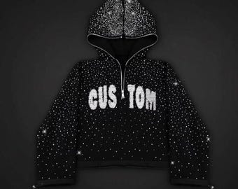 Benutzerdefinierte Strass Zip-Hoodie | Bling Festival Bauchfreies Top
