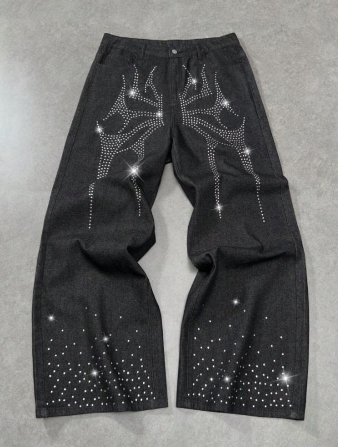Y2K Rhinestone Web Wide Leg Jeans – Gothic Spider Graphic Denim