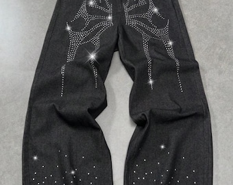 Y2K Rhinestone Web Wide Leg Jeans – Gothic Spider Graphic Denim Trousers