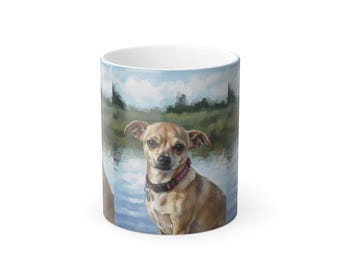 Chihuahuaporträtt i färgförvandling med mugg | Hundkonst i fotostil