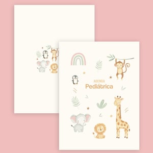 May include: Two cream notebooks with animal illustrations. One notebook features a penguin, monkey, lion, and elephant. The other notebook has a rainbow, penguin, monkey, giraffe, lion, and elephant. The text "Agenda Pediátrica" is visible.