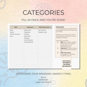 May include: A digital spreadsheet titled "CATEGORIES" with sections for Bills, Expenses, and Debt Payments. The spreadsheet includes instructions and examples for categorizing spending. The background is a watercolor wash with brain-shaped designs.