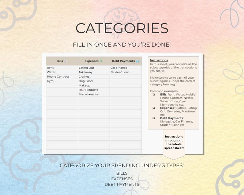 May include: A digital spreadsheet titled "CATEGORIES" with sections for Bills, Expenses, and Debt Payments. The spreadsheet includes instructions and examples for categorizing spending. The background is a watercolor wash with brain-shaped designs.