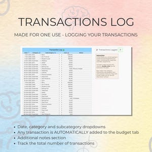 May include: A digital spreadsheet titled "TRANSACTIONS LOG" with the text "MADE FOR ONE USE - LOGGING YOUR TRANSACTIONS." The spreadsheet includes columns for date, category, subcategory, and notes. Bullet points highlight features like dropdowns and automatic budget updates.
