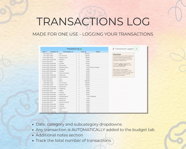 May include: A digital spreadsheet titled "TRANSACTIONS LOG" with the text "MADE FOR ONE USE - LOGGING YOUR TRANSACTIONS." The spreadsheet includes columns for date, category, subcategory, and notes. Bullet points highlight features like dropdowns and automatic budget updates.