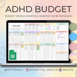 May include: A laptop screen showing an "ADHD BUDGET" spreadsheet template. The screen displays a budget layout with sections for income and expenses. Text includes "Budget Weekly, Biweekly, Monthly or by Paycheck." Four colour themes are included.