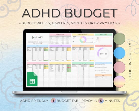 ADHD Budget Planner Google Sheets, Monthly Budget Spreadsheet, Paycheck Budget Tracker, Weekly Budget Template, Biweekly Budget, Budgeting