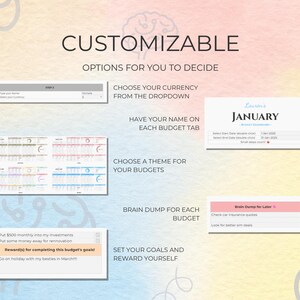 May include: A customizable budgeting template with options to choose currency, name tabs, and themes. Features include a January budget, goal setting, and a "Brain Dump" section. Text includes "CUSTOMIZABLE" and "OPTIONS FOR YOU TO DECIDE."