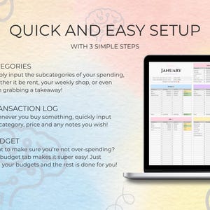 May include: A laptop screen displaying a digital budget spreadsheet for January. The screen is open on a desk with text that reads "Quick and Easy Setup" and instructions for categories, transaction logs, and budgeting.
