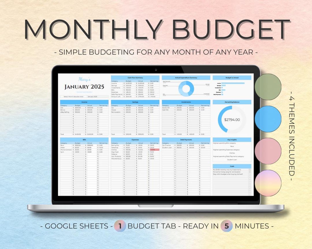 Monthly Budget Spreadsheet for Google Sheets Personal Finances Simple