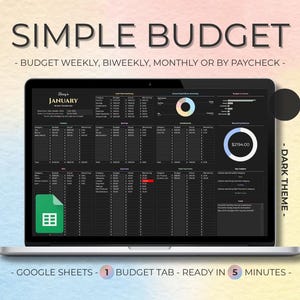 May include: A laptop displays a dark-themed budget spreadsheet with the text "SIMPLE BUDGET." The screen shows financial data, a pie chart, and the text "JANUARY." Additional text includes "GOOGLE SHEETS" and "READY IN 5 MINUTES."