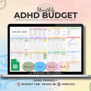 May include: A laptop screen shows a monthly ADHD budget template for January 2025. The spreadsheet has colour-coded sections and a pie chart. Text includes "Monthly ADHD Budget" and "4 Themes Included."