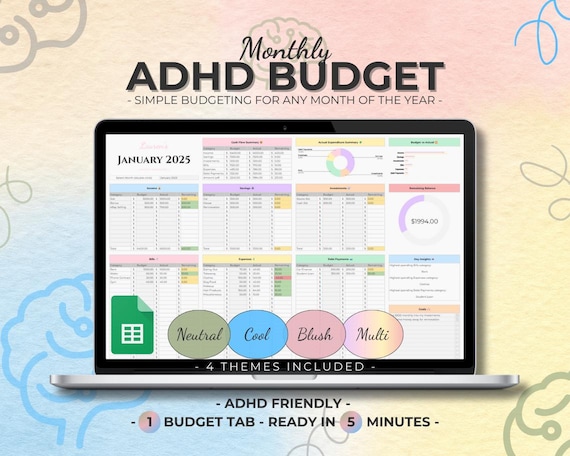 Monthly ADHD Budget Tracker Google Sheets Expense Spreadsheet Paycheck Budget Planner Simple Budget Template Beginners Financial Planner