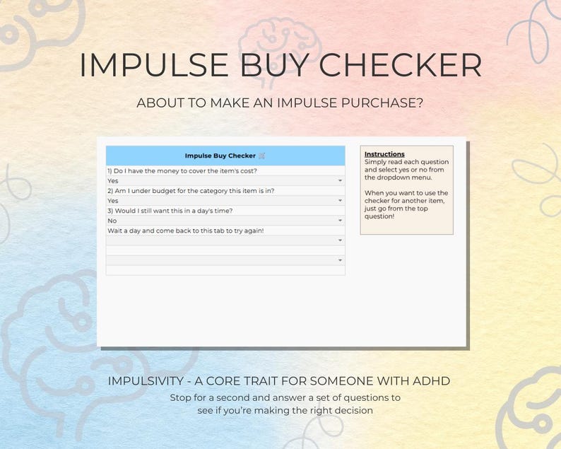 May include: A digital impulse buy checker with the title "Impulse Buy Checker" and the question "About to make an impulse purchase?" The checker includes questions to assess spending habits. The background is a watercolor wash.