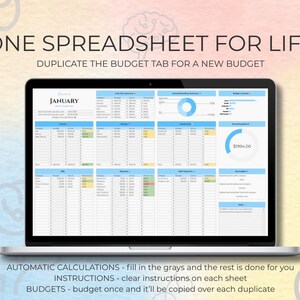 May include: A laptop displays a budget spreadsheet for January, with blue and yellow highlighted sections. The text "ONE SPREADSHEET FOR LIFE" and "DUPLICATE THE BUDGET TAB FOR A NEW BUDGET" are at the top. Additional text includes "AUTOMATIC CALCULATIONS", "INSTRUCTIONS", and "BUDGETS".